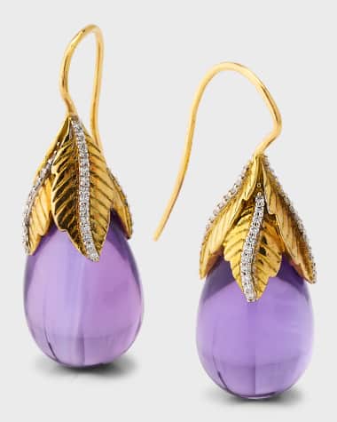 Piranesi 18K White and Yellow Gold Drop Amethyst Earrings with Round Diamonds, 1.5"L