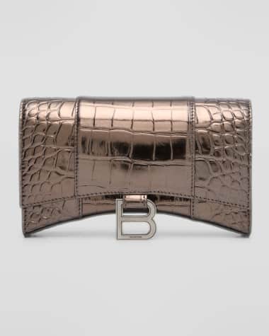 Balenciaga Hourglass Metallic Croc-Embossed Wallet on Chain