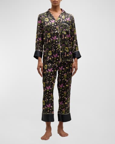 Neiman Marcus Printed Cropped Silk Charmeuse Pajama Set