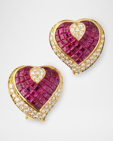 NM Estate Estate 18K Yellow Gold Pave Diamond and Invisible Set Ruby Heart Earrings