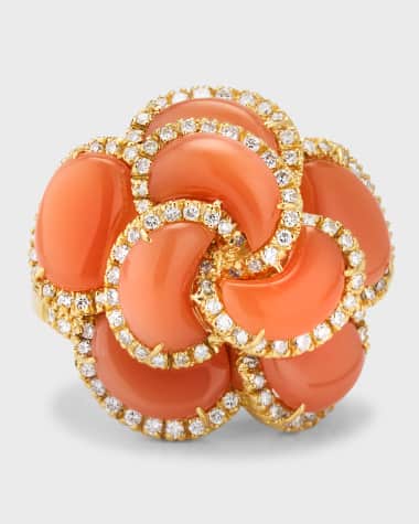 NM Estate Estate 18K Yellow Gold 8 Kidney Shape Carnelian and 132 Diamond Domed Ring, Size 7-8