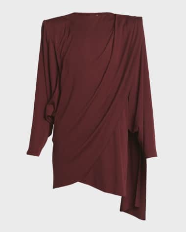Saint Laurent Draped Strong-Shoulder Long-Sleeve Mini Dress