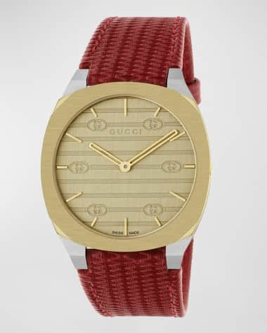 Gucci 34mm 25H Quartz Watch with Leather Strap, Red