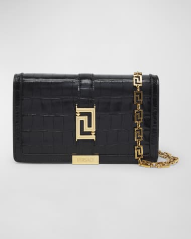 Versace Greca Goddess Croc-Embossed Wallet on Chain