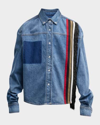 Hellessy Keiko Ribbon-Trim Beaded-Fringe Denim Collared Shirt