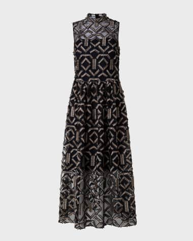 Akris punto Gold Fringe Embroidered Tulle Midi Dress