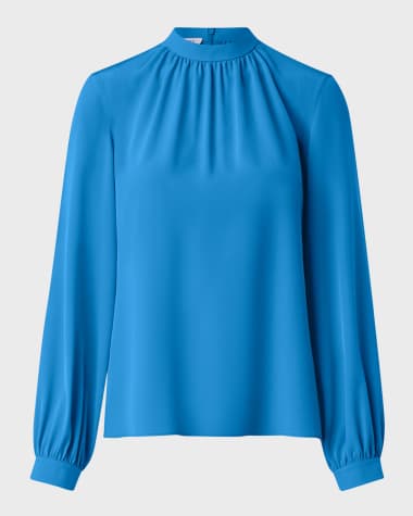Akris punto Long-Sleeve Gathered Crepe De Chine Blouse