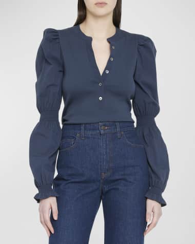 Veronica Beard Effy Button-Front Puff-Sleeve Top
