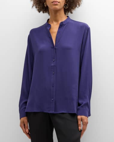 Eileen Fisher Missy Silk Georgette Crepe Mandarin Collar Shirt