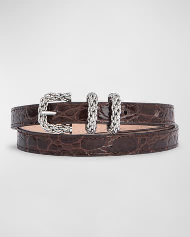BY FAR Kat Croc-Embossed Leather Skinny Belt