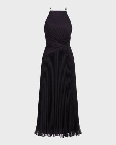 Halston Serenity Sleeveless Pleated Foil Chiffon Midi Dress