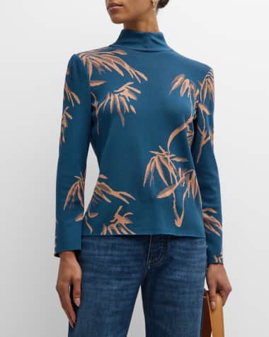 Misook Botanical-Print Knit Mock-Neck Tunic