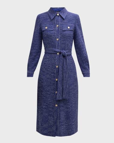 Misook Belted Button-Front Tweed Knit Midi Dress - Heritage Fit