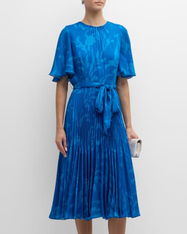 Rickie Freeman for Teri Jon Two-Tone Pleated Flutter-Sleeve Midi Dress