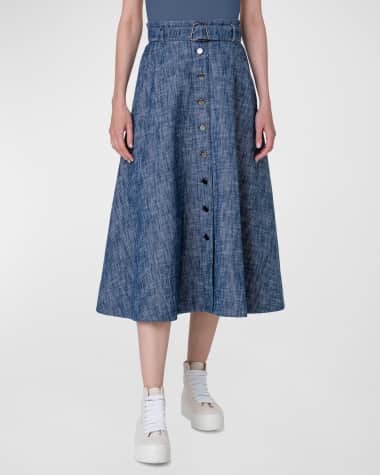 Akris Belted Button-Front A-Line Midi Skirt