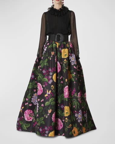 Carolina Herrera Ruffle-Neck Pintuck Chiffon Blouse