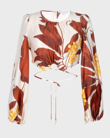 Secret Mission Donna Waist-Tie Cropped Silk Blouse
