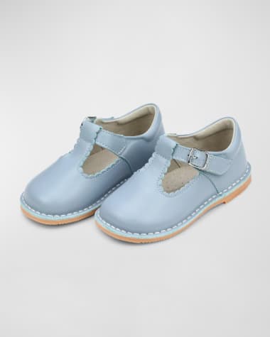L'Amour Shoes Girl's Selina Scalloped Leather T-Strap Mary Jane Flats, Baby/Toddler/Kid