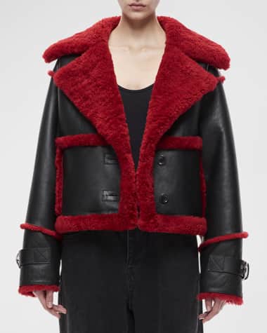 Shoreditch Ski Club Reva Leather Short Jacket with Shearling Trim
