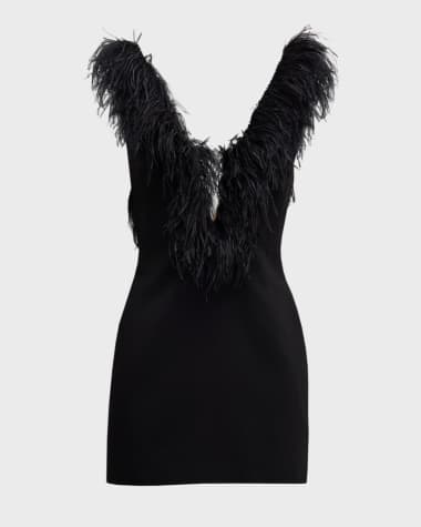 KOLTSON Feather-Trim Plunging Stretch Cady Sheath Mini Dress