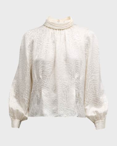 FRAME Mock-Neck Long-Sleeve Silk Blouse
