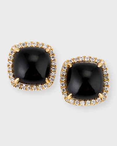 Frederic Sage 18K Yellow Gold Cushion Cabochon Black Onyx Earrings with Diamond Halos