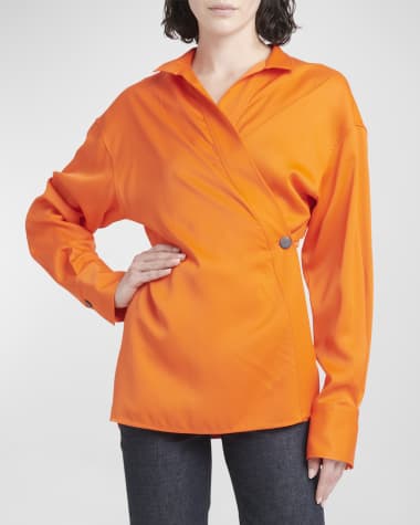 Ferragamo One-Button Long-Sleeve Collared Wrap Shirt