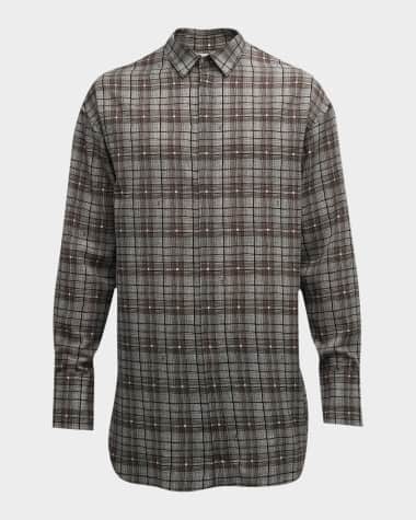 Ferragamo Men's Long Wool Plaid Button-Down Shirt