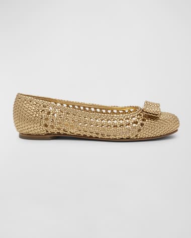 Ferragamo Varina Bow Woven Metallic Ballerina Flats