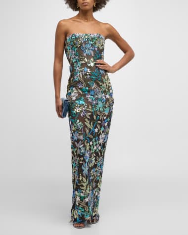 Bronx and Banco Dahlia Strapless Floral-Embroidered Column Gown