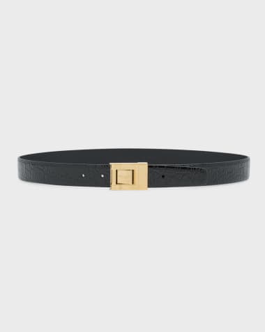 Saint Laurent Center Buckle Croc-Embossed Leather Belt