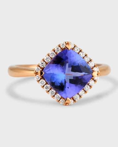 Lisa Nik Rocks 18K Rose Gold Petite Cushion Cut Tanzanite and Diamond Halo Cocktail Ring, Size 6