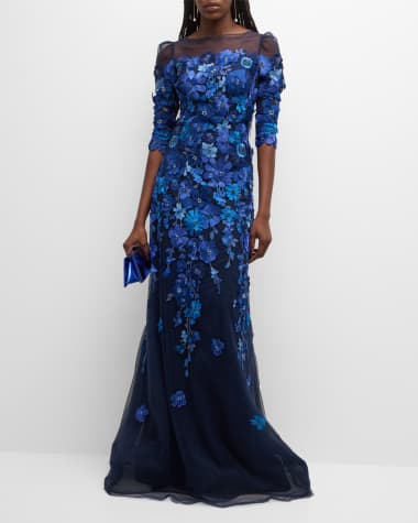 Rickie Freeman for Teri Jon Floral-Embroidered Puff-Sleeve Tulle Gown