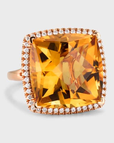 Lisa Nik Rocks 18K Rose Gold Cushion Cut Citrine and Diamond Halo Cocktail Ring, Size 6