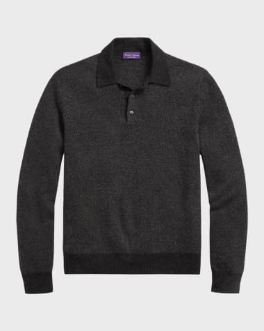 Ralph Lauren Purple Label Men's Herringbone Cashmere Polo-Collar Sweater