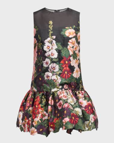 Oscar de la Renta Hollyhocks Embroidered Drop-Waist Fil Coupe Mini Dress