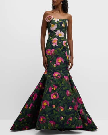 Oscar de la Renta Strapless Flower-Applique Camellia Faille Mermaid Gown