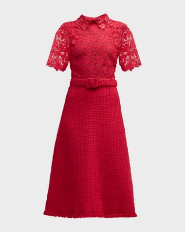 Oscar de la Renta Short-Sleeve Gardenia Guipure And Tweed Midi Dress With Self-Belt