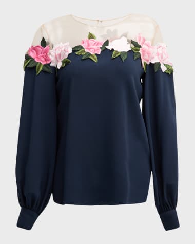 Oscar de la Renta Gardenia Embroidered Illusion Blouse