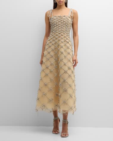 Oscar de la Renta Crystal Grid And Bow Tea-Length Sleeveless Dress