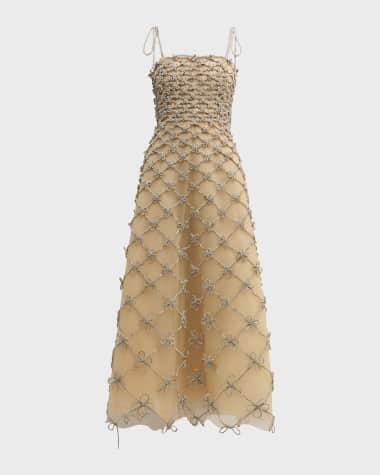 Oscar de la Renta Crystal Grid And Bow Tea-Length Sleeveless Dress