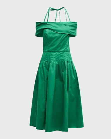 Oscar de la Renta Off-The-Shoulder Halter Pleated Cotton Midi Dress
