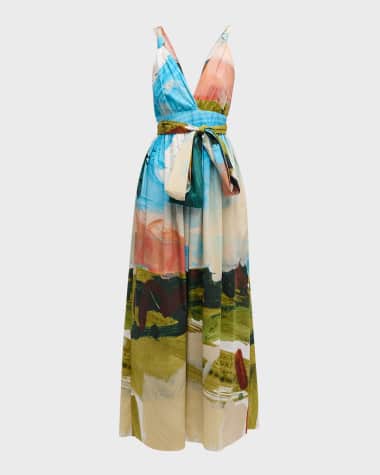 Oscar de la Renta Plunging Landscape-Print Waist-Tie Sleeveless Maxi Dress