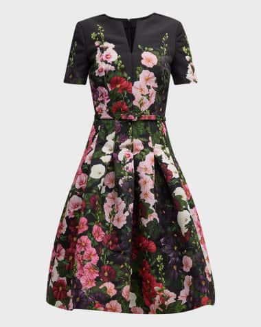 Oscar de la Renta Hollyhocks-Print Pleated Belted Short-Sleeve Faille Dress