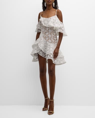 Oscar de la Renta Gardenia Guipure Ruffle Cold-Shoulder Tiered Mini Dress