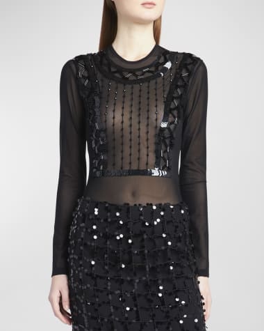 Alberta Ferretti Embellished Long-Sleeve Mesh Bodysuit
