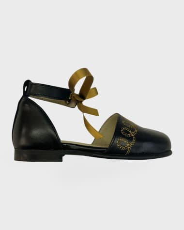 Petite Maison Kids Girl's Alexis Embroidered Leather Sandals, Size 5-13