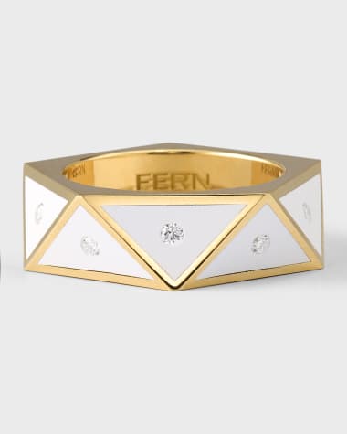 Fern Freeman Jewelry 18K Yellow Gold White Ceramic Pentagon Ring with Diamonds, Size 7