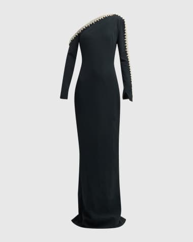 Pamella Roland Pearlescent Beaded Fringe One-Shoulder Long-Sleeve Crepe Gown
