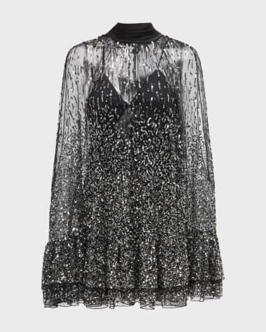 Alice + Olivia Zenon Embellished Tie-Neck Cape Mini Dress